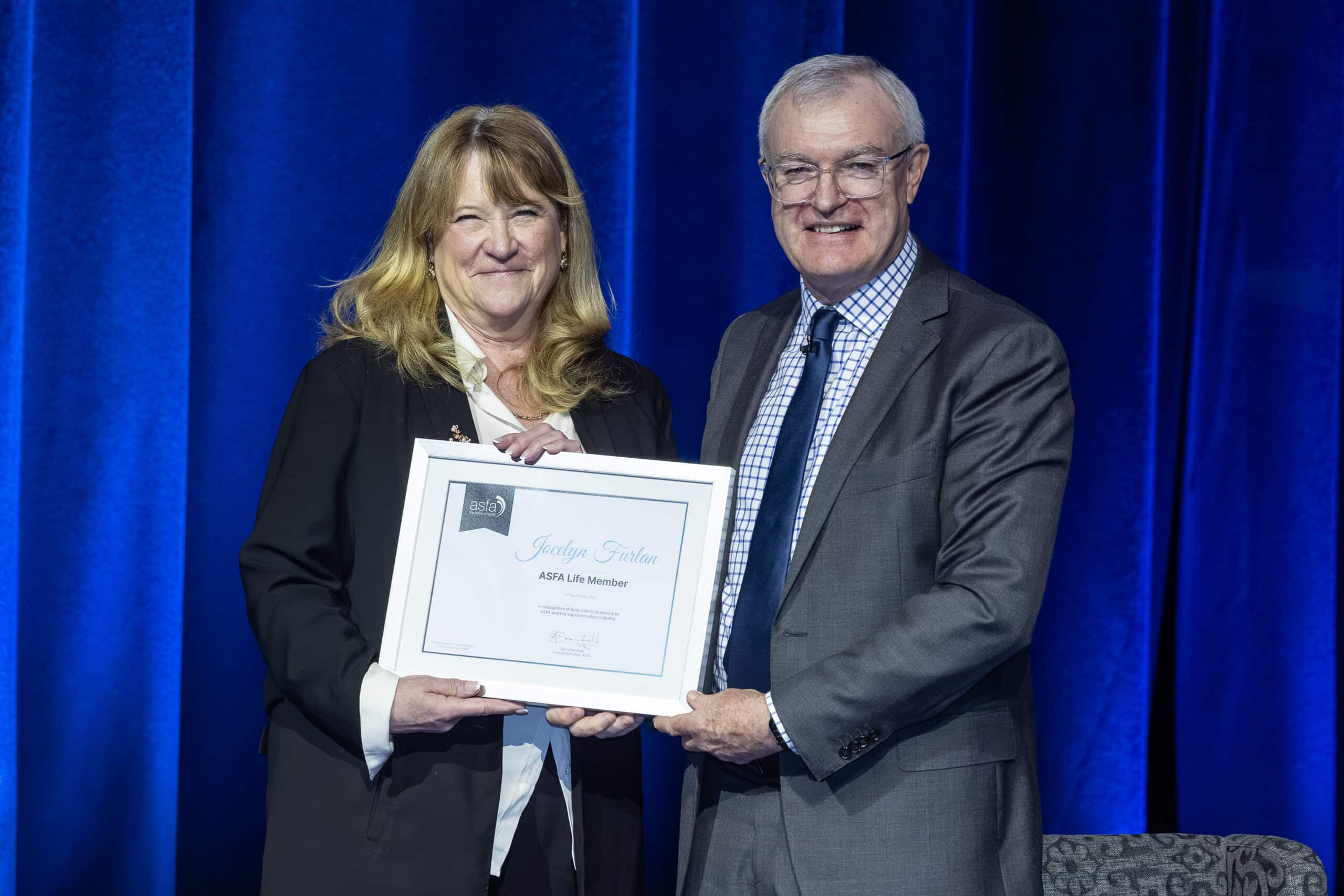 Jocelyn Furlan accepting ASFA Life Member Award